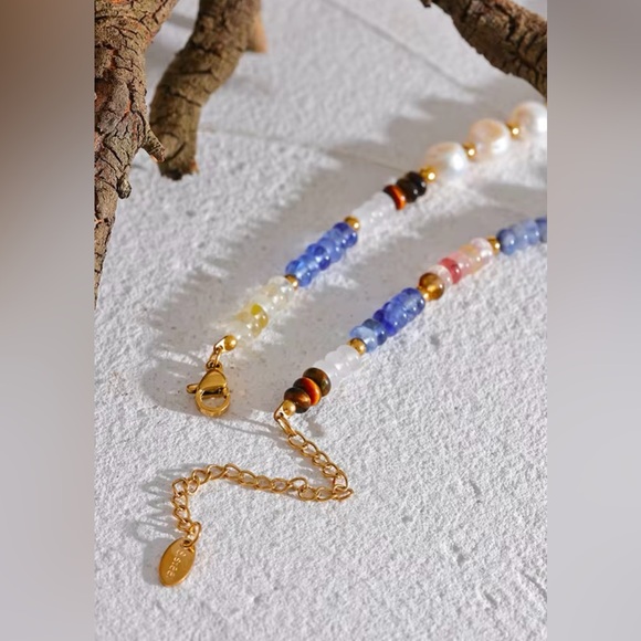18K Gold Plated Gemstone Necklace*Lapis Lazuli*Freshwater Pearls*Tourmaline* - Picture 7 of 8